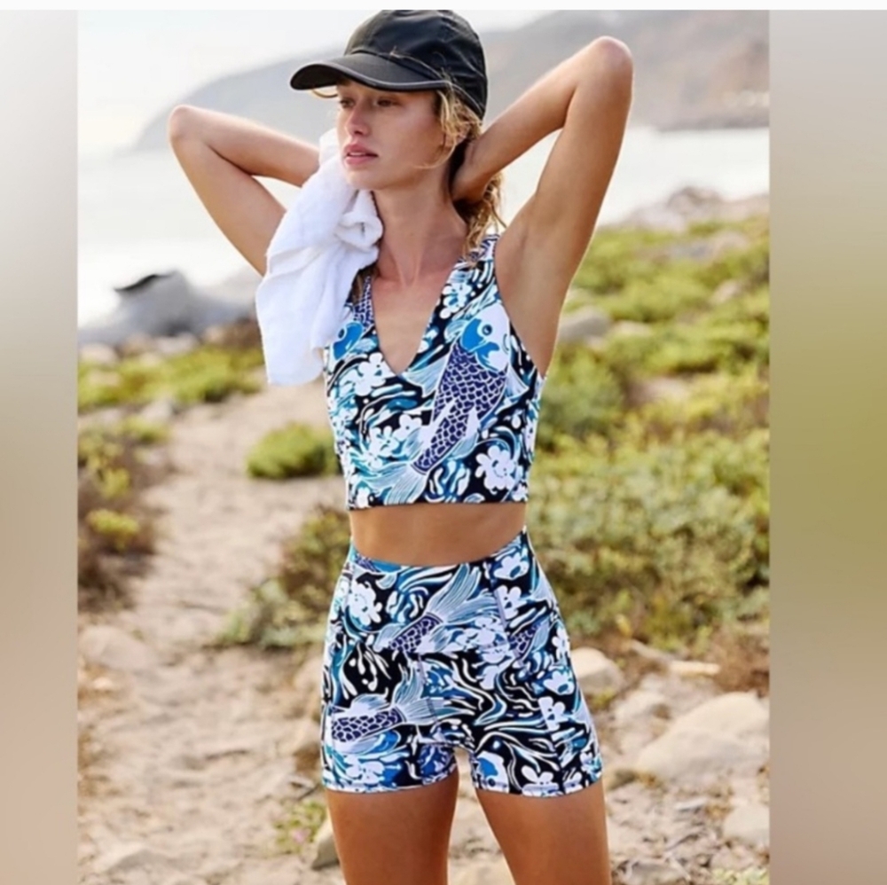 Free People Movement Blue&Black Printed Koi Fish Design High Waisted Bike Shorts